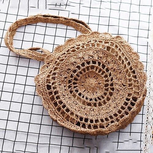 Sac à main en rotin tissé à la main pour femmes, sac en paille fait-main ajouré en forme de cercle, grande capacité, été, voyage, plage, décontracté: khaki