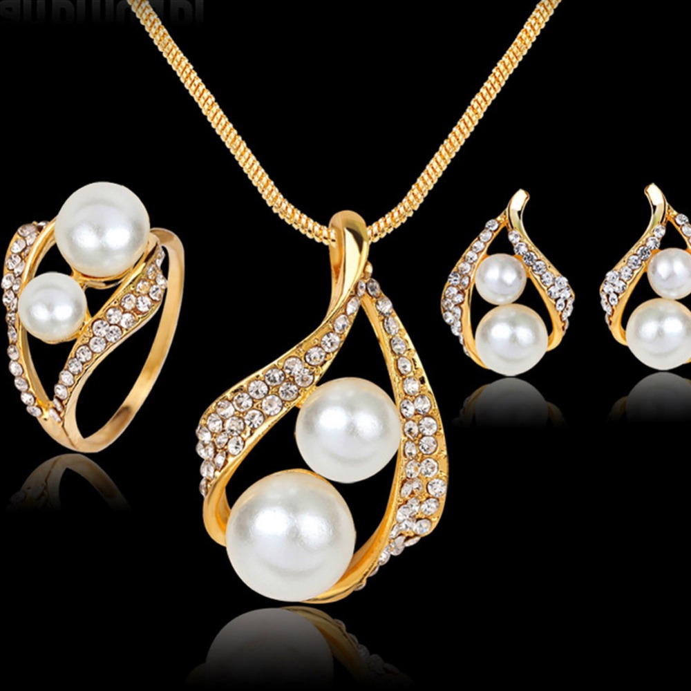 Charmant Sieraden Gesimuleerde-parel Ketting/Ring/Oorbellen Drie-delige Sieraden Set