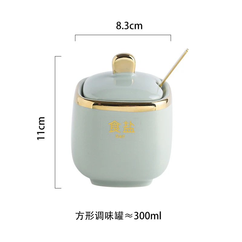 Ceramic Seasoning Jar with Spoon Kitchen Seasoning Storage Box Salt and Pepper Jar Household Storage Jar Ceramic Box Bottle: army green