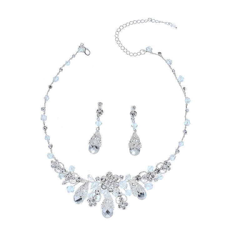 Zilver Kleur Crystal Bruiloft Sieraden Sets Bloemen Bruids Ketting Oorbellen Set Handgemaakte Vrouwen Accessoires