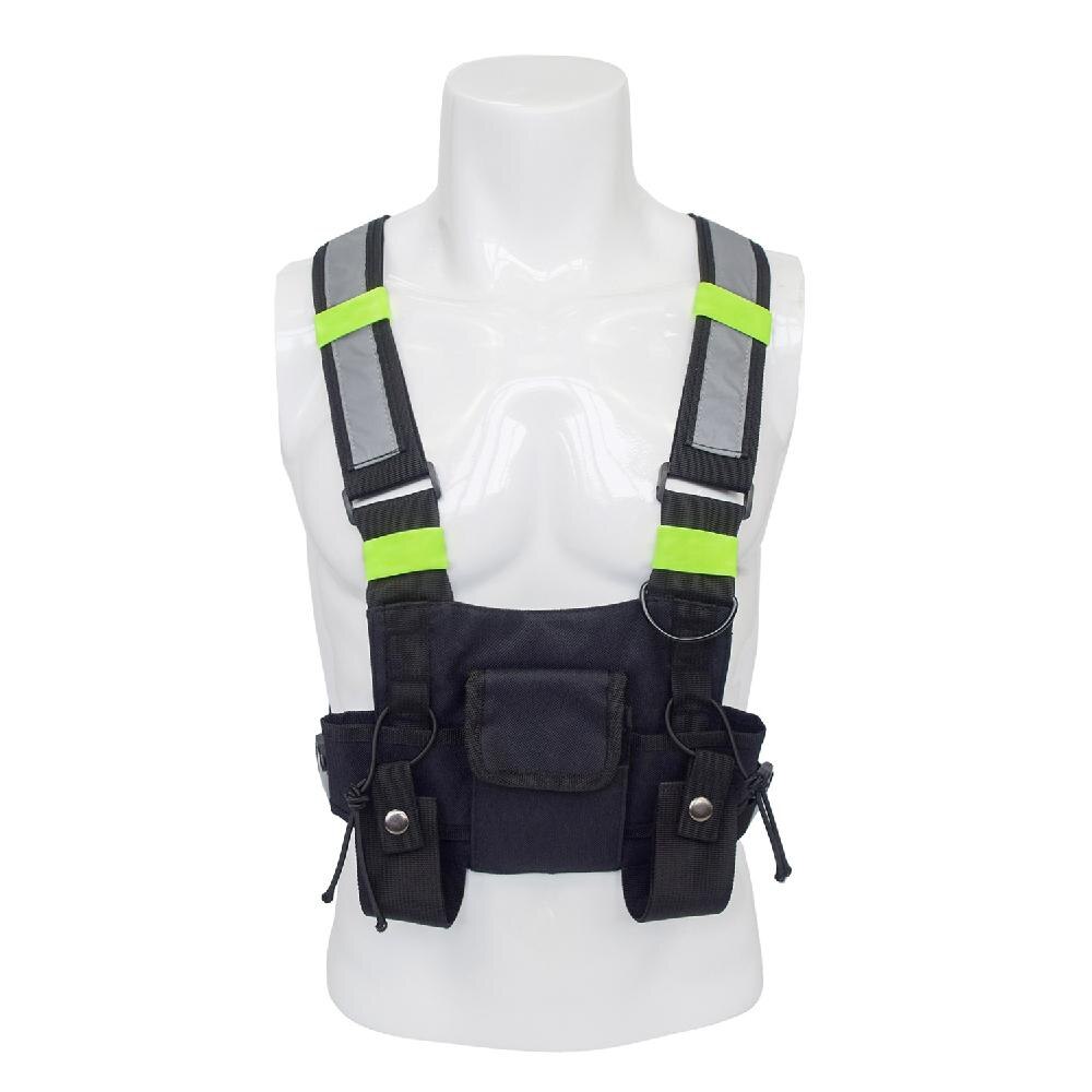 Chaleco negro ajustable con rayas reflectantes bolsa de aparejo de pecho para entrenamiento al aire libre