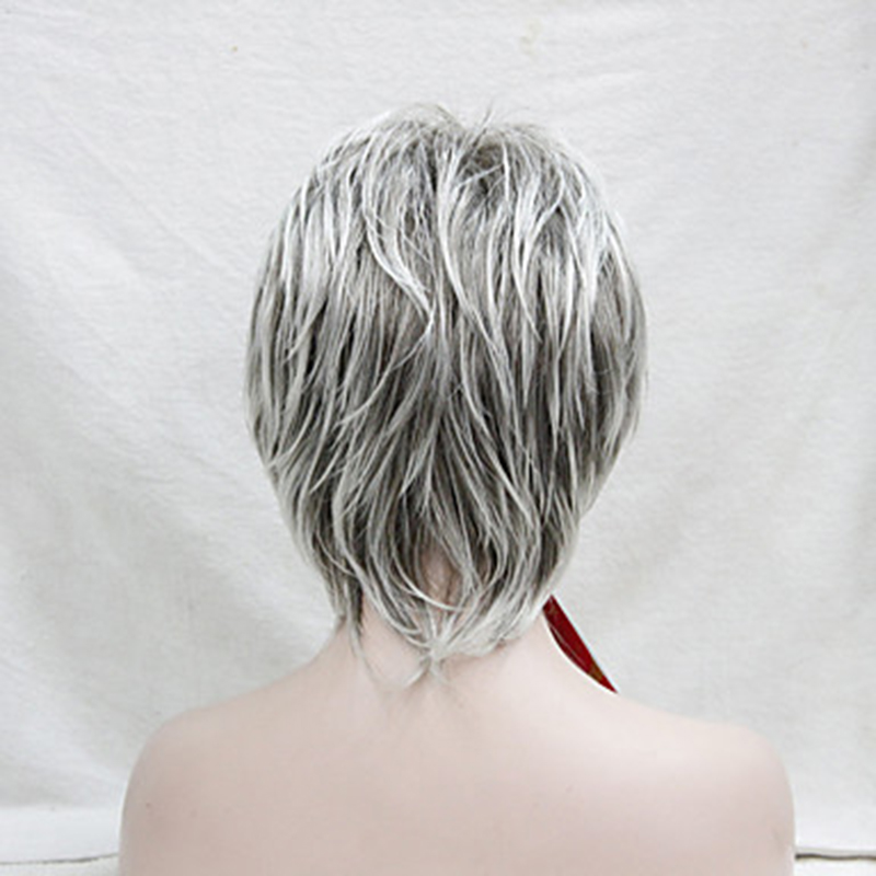 Hairjoy syntetiskt hår peruk lockig pixie-frisyr lager-på-lager med lugg markerade balayage grå peruk