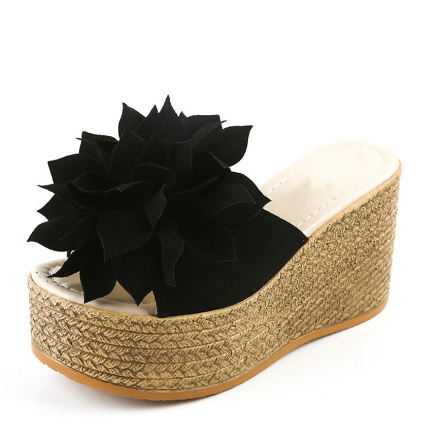 VTOTA kobiety kapcie słodkie kobiety otwarte palce letnie buty wysokie klapki na obcasie kobiety slajdy kwiaty buty na koturnie buty kobieta G62: Black / 9