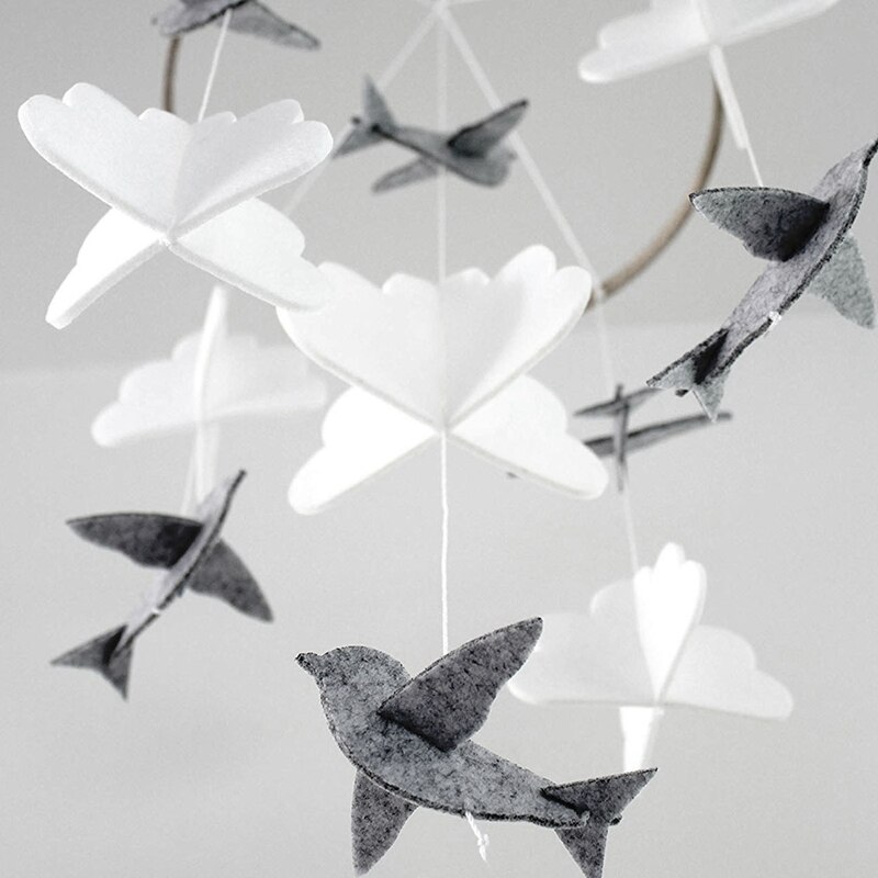 Baby Crib Mobile Vogels & Wolken Vilt Nursery Plafond Decoratie Voor Meisjes & Jongens Grijs & Wit