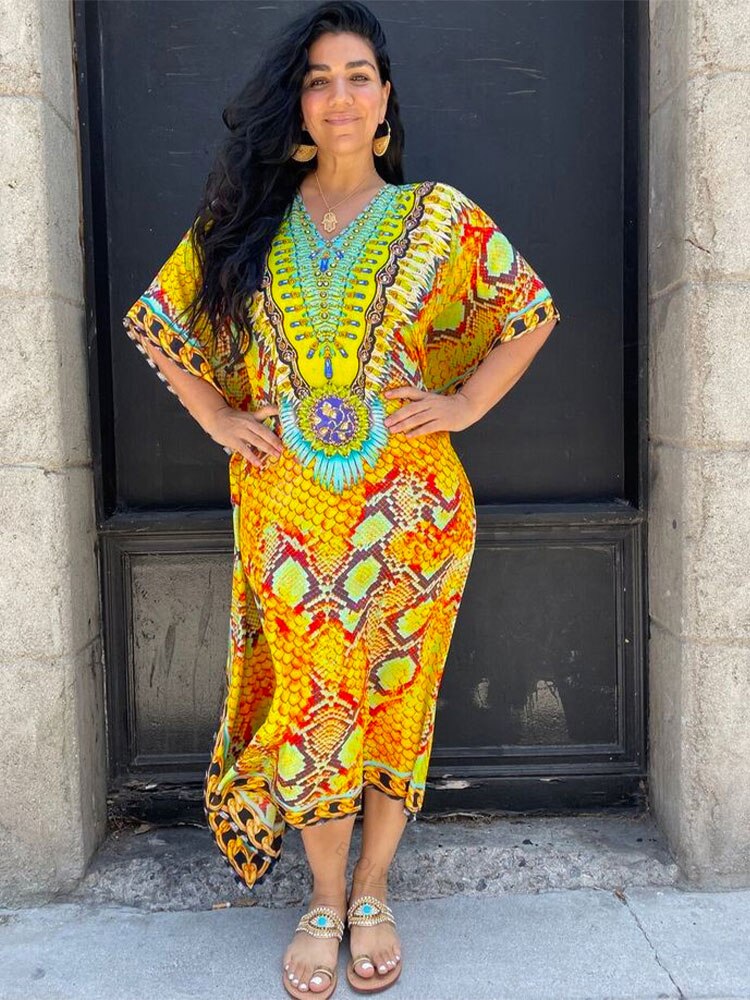Moroccan Kaftan Boho Print Bikini Cover-ups Sexy Batwing Sleeve Maxi Dress Women Clothing Beach Wear Swim Suit Cover Up Q1394