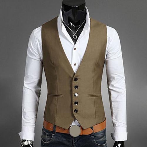 Herrevester for slims fit herre dress vest herre vest gilet homme uformell ermeløs formell business jakke vester: Kaffe / L