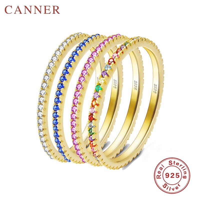 Simple Trendy 925 Sterling Silver Rings for Women Multicolor Mini Rainbow Zircon Single Row Drill Wedding Rings Jewelry