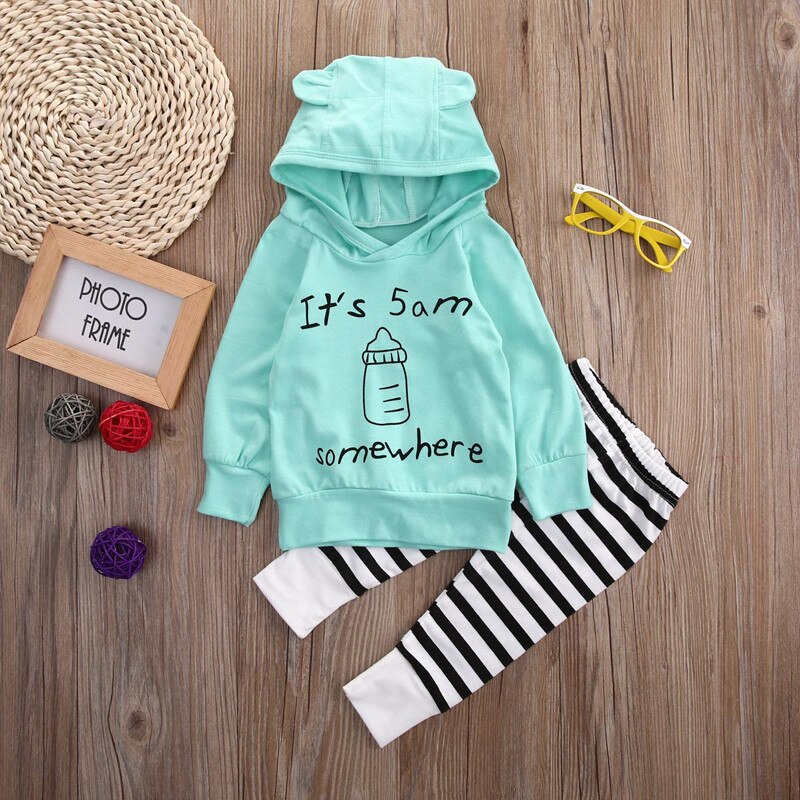 Forår baby dreng pige tøj sæt hætte tøj sæt spædbørn babyer hættetrøje it' s 5 am somewhere toppe+stribe bukser outfits