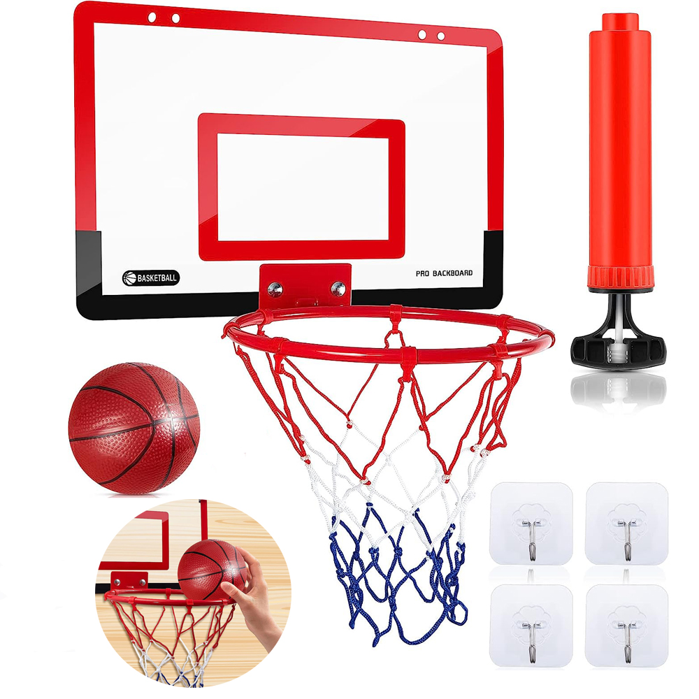 Mini aro de baloncesto para interiores, conjunto de aro de ejercicio para el hogar, soporte de marco de pared, elevación para adolescentes, cesta de puerta, tablero colgante, juego de habitación: Rojo