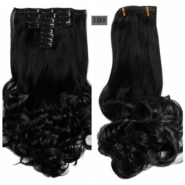 Luksus til fletning 50cm fremhævede farve syntetiske clips ins hårstykker bølget syntetisk clip on hair extensions 50cm 8 stk/sæt: #1b