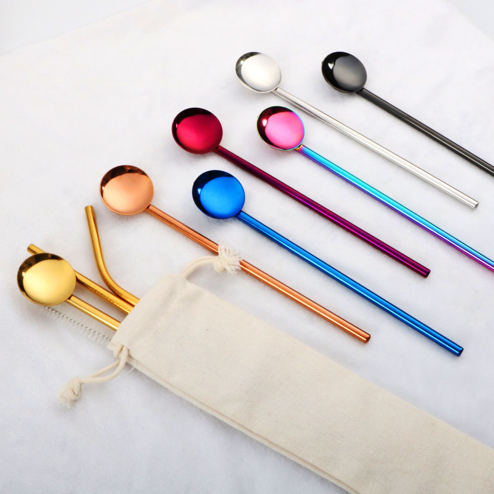 304 Stainless Steel Straw Long Spoon Rainbow Titanium Plating Straight Teaspoon Stirring Coffee Spoon For Home Party