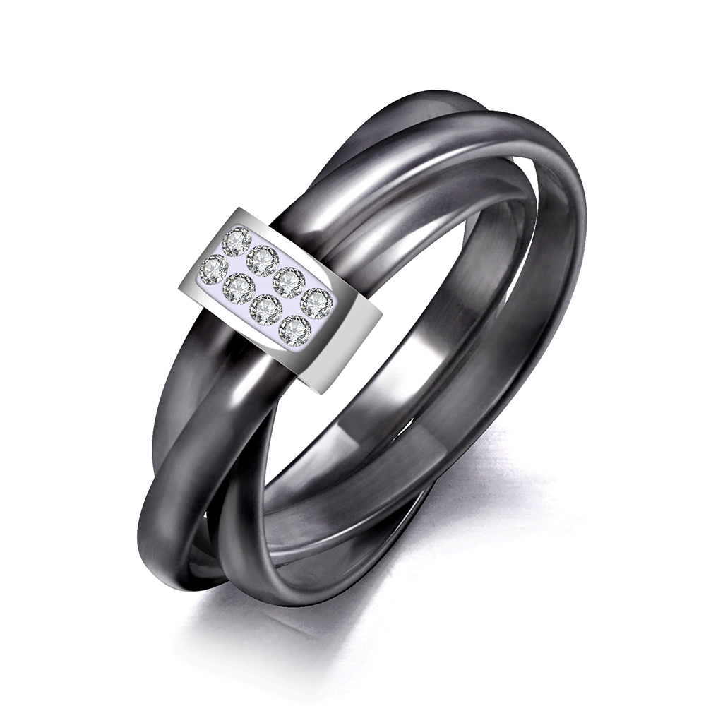 ZooMango 3 Layers Black/White Ceramic Crystal Wedding Rings Jewelry Rose Gold Color Stainless Steel Rhinestone Ring ZR19066: 9 / black