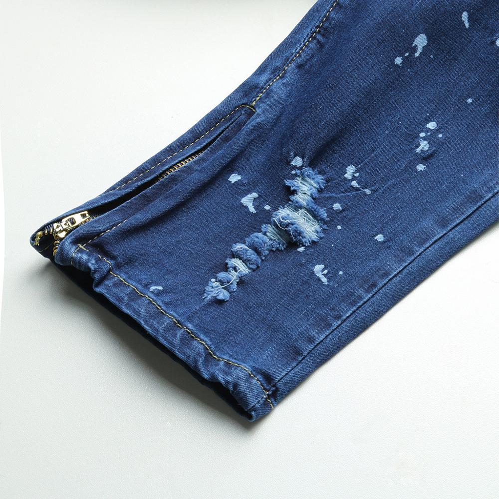 Slim Feet Men Stretchy Ripped Skinny Biker Print Jeans Destroyed Hole Taped Slim Fit Denim Scratched Jeans