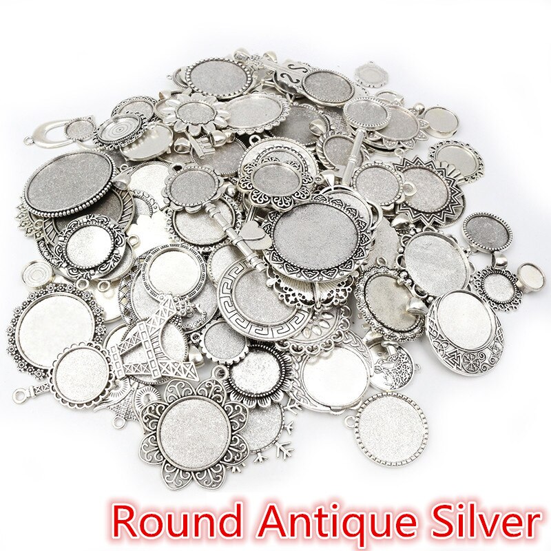 30 Gramm Mix Styles Antike Bronze Versilberte Zinklegierung Anhänger Blank Cameo Cabochon Base Setting Lünetten Schmuck Zubehör: Round Antique Silver