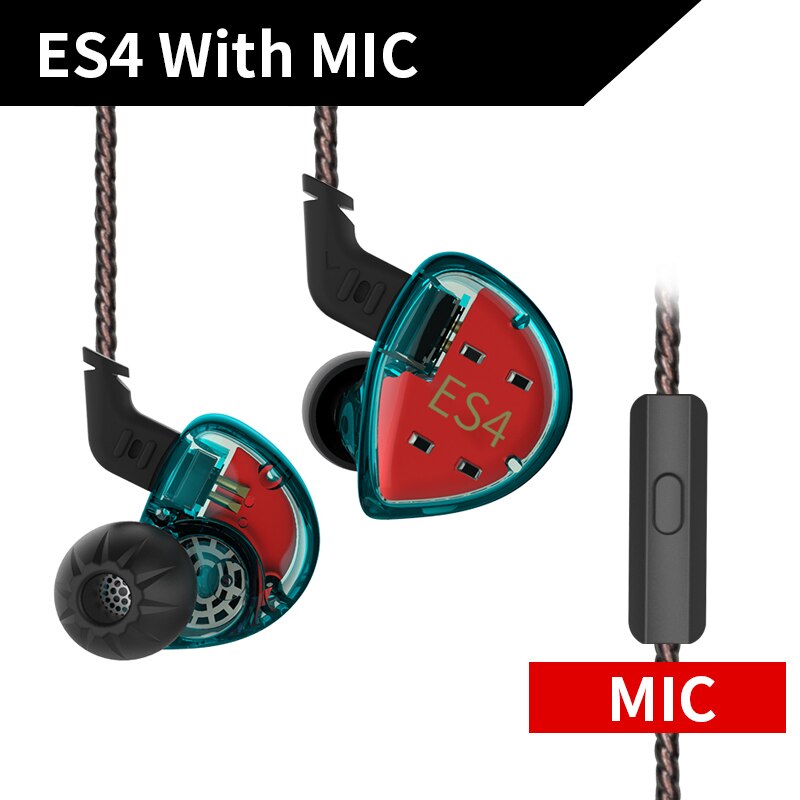 KZ ES4 1DD + 1BA Hifi Sport auricolare In-ear Driver dinamico cuffie con cancellazione del rumore cavo di ricambio AS10 ZS10 BA10 ZST ZS6 ZSN: cyan with mic