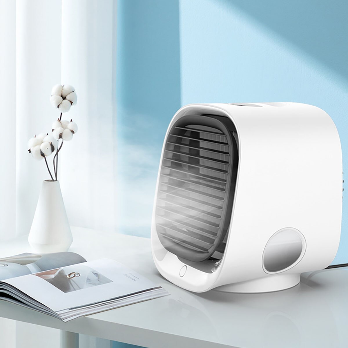 5V Home Mini Portable Air Conditioner 3 Colors Light Conditioning Humidifier Purifier USB Humidification Cooler with Water Tank: White