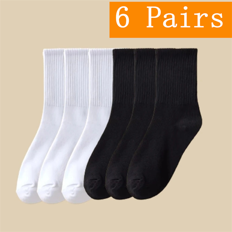 1/6/12 pares de calcetines de tubo medio para hombre Color sólido en blanco y negro ropa de calle Harajuku calcetines transpirables e informales: Negro