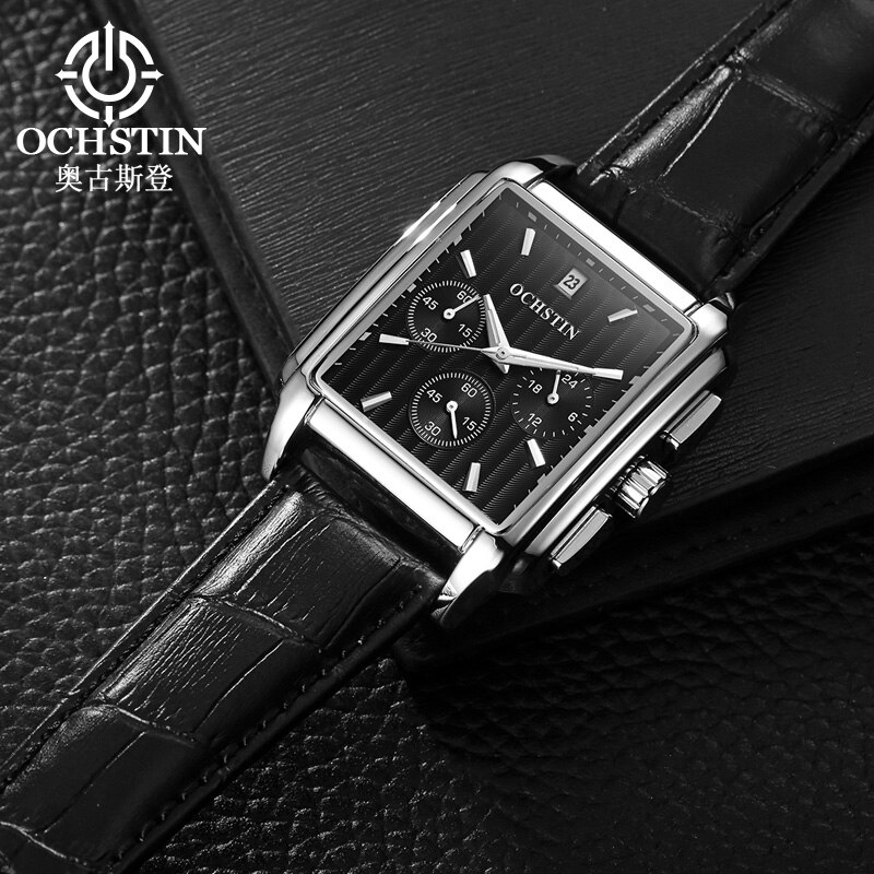 OCHSTIN , reloj cuadrado de cuarzo negro para hombre, reloj de negocios de de lujo, Reloj analógico con correa de cuero para hombre, reloj con cronógrafo