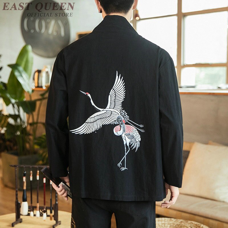 Kimono japonés Cárdigan para hombre Yukata, camisa de estilo chino, traje Samurai bordado con Grulla, ropa asiática Haori KK2946: 1 / XXL
