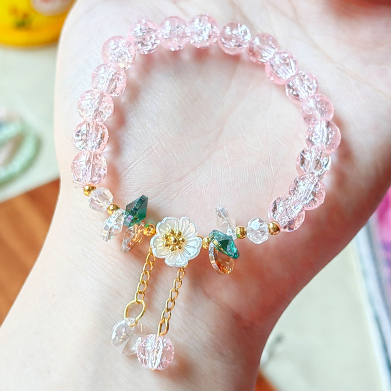 Bonita pulsera de cuentas de cristal verde para mujer, pulsera elástica ajustable con dije de flor de Lily Valley, joyería de cumpleaños y boda: PLATEADO