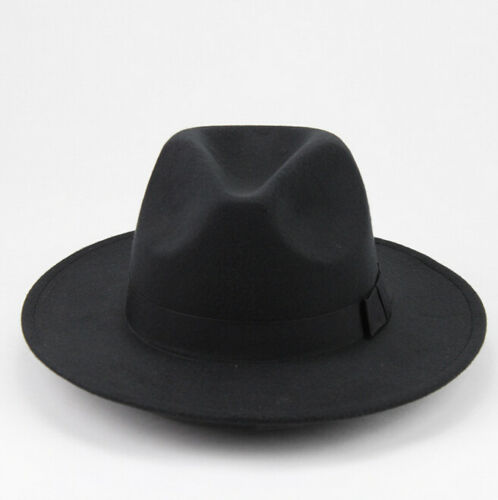 Kvinder mænd uld vintage gangster trilby filt fedora hat med bred skygge herre dame vinter efterår jazz hætter: Sort