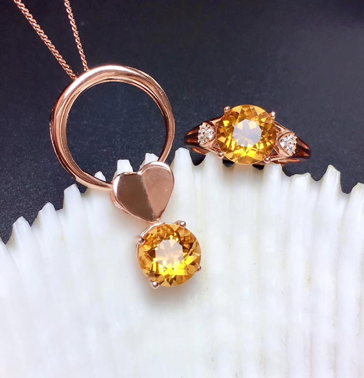 Di grande formato giallo citrino insieme dei monili tra cui anello della collana reale 925 argento festa di compleanno del regalo ornamento di colore giallo brillante