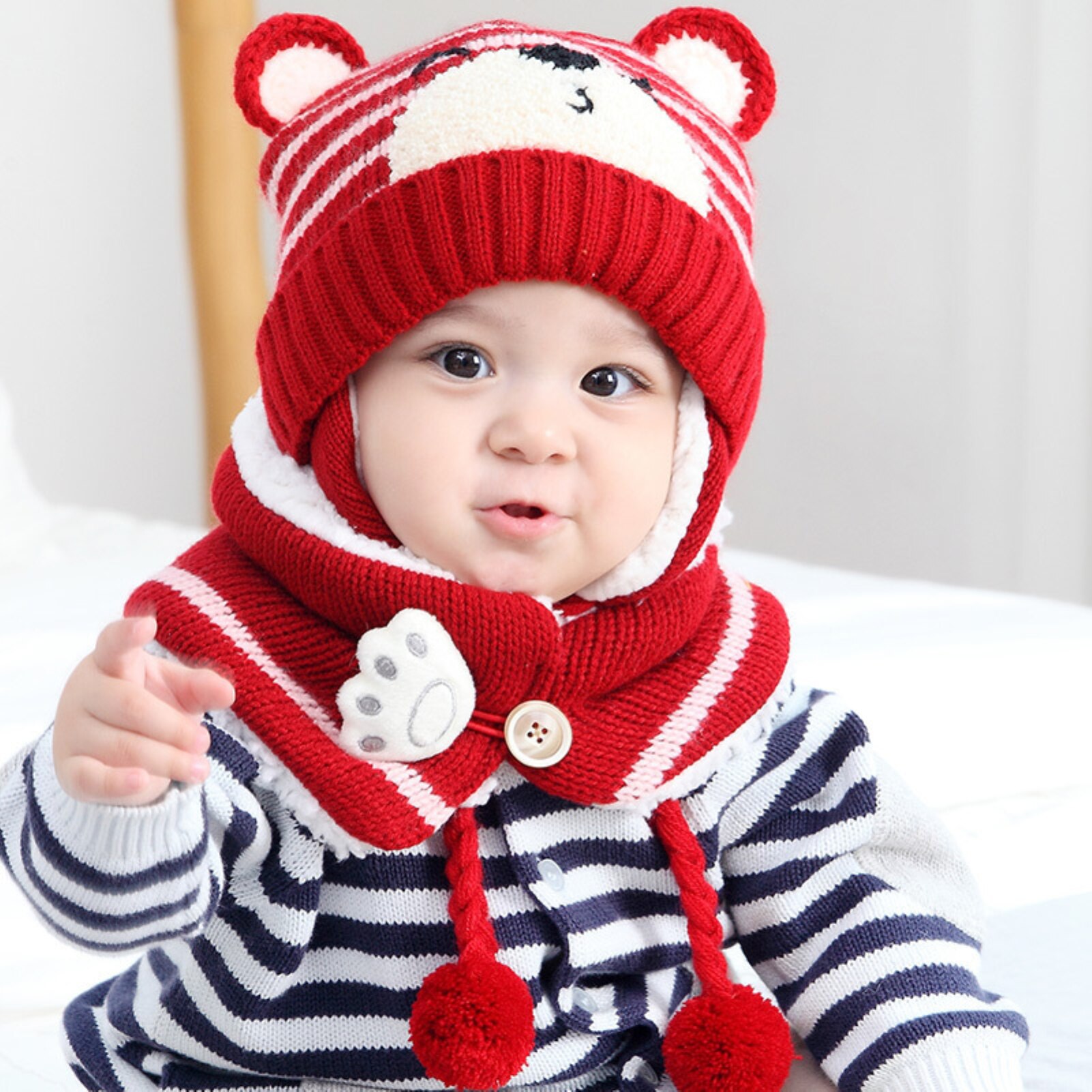 6M-34M Unisex invierno niños bebé niñas dibujo animado de oso para niños sombrero de punto a rayas gorro lana bufanda orejera mantener el conjunto para al aire libre