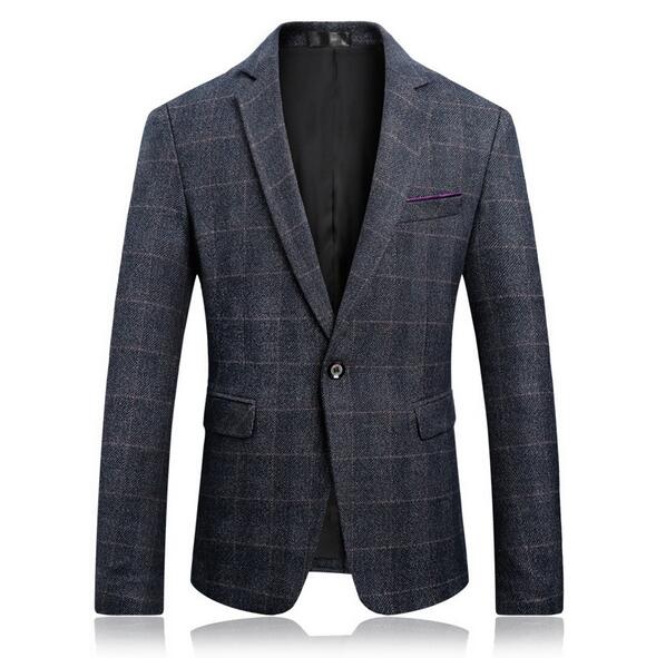 VXO Thick plaid Blazers Men lattice Formal jacket Popular Men Dress Blazers Homme Terno Masculin: Navy Blue / L