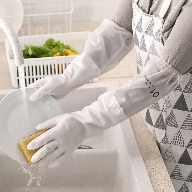 Dishwashing Gloves Plus Velvet Kitchen Household Durable Waterproof Washing Clothes Thickened Rubber Dishwashing Gloves: 01 beam mouth