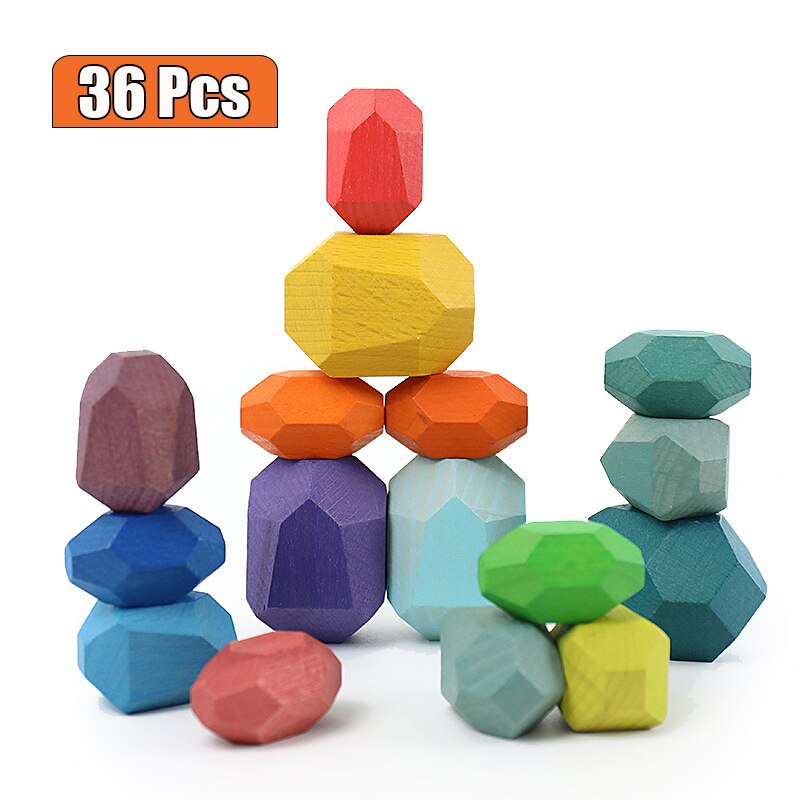 36Pcs Children's Wooden Colored Stone Jenga Building Block Educational Toy Nordic Style Stacking Game Rainbow Toy