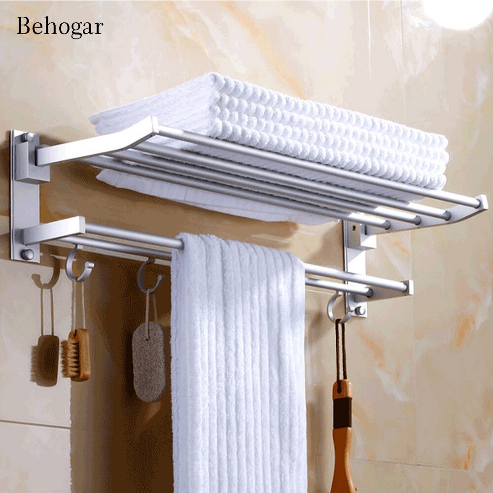 Behogar 48cm sammenklappeligt badeværelse brusebad vægmonteret dobbelt lag plads aluminium håndklæde opbevaring hyldeholder stativ med kroge