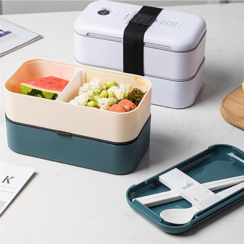 1000ml Portable 2 Layers Bento Box Food Container Plastic Leakproof Keep Warm Lunch Box Microwave Food Storage Box With Spoons