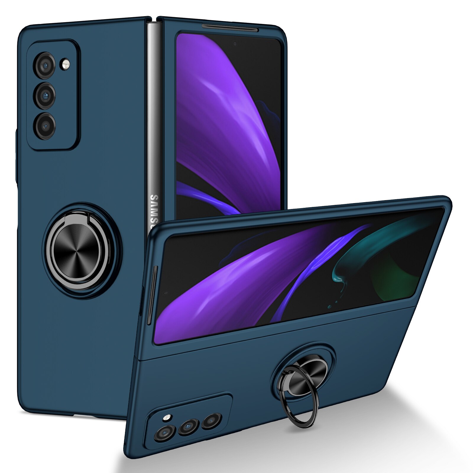 Odporny na wstrząsy metalowy pierścień Kickstand Case do Samsung Galaxy Z Fold 2 Fold2 5G Fold 3 Fold3 antypoślizgowa precyzyjna wycinanka pokrywa Capa: for Samsung Z Fold 3 / Granatowy