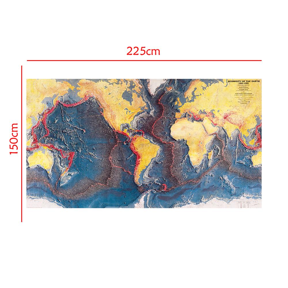 150x225cm Non-woven Map Seismicity Of The Earth World Ocean Floor Panorama Of 1960-1980 For Research In Geology And