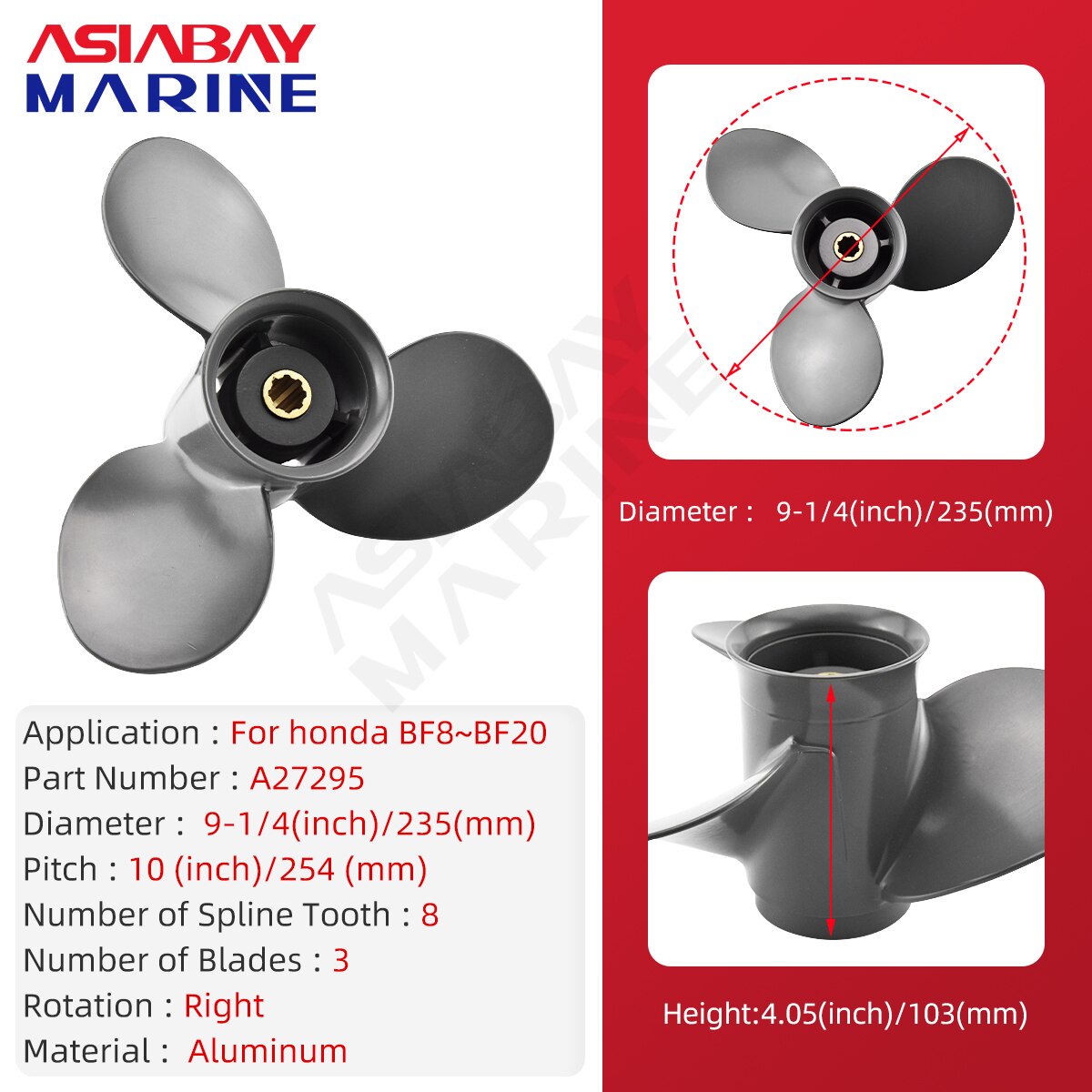 Buitenboordmotor Propeller Voor Honda 8hp 9.9hp 10hp 15hp 20hp 9 1/4*10 Boot Motor Aluminium Schroef 3 Blade Scheepsmotor Onderdelen