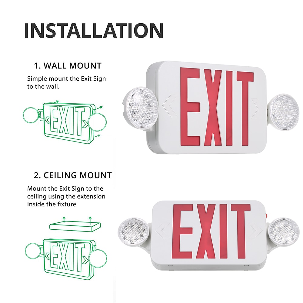 Red Exit Sign LEDs Emergency Light with Adjustable Two Head Backup Batterys Wall Ceiling Mount for Stairway Hallway Room