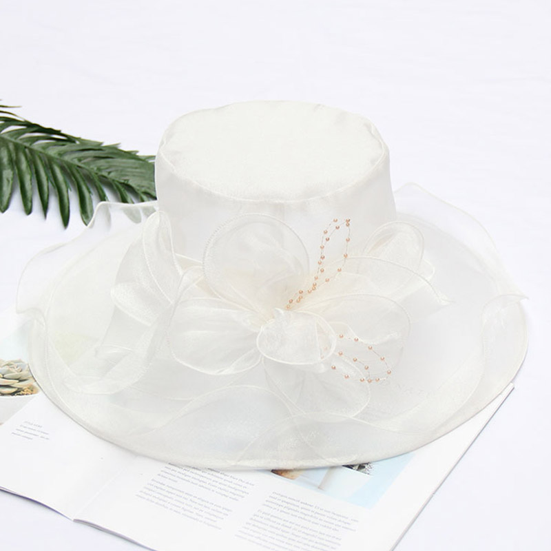 FS -sombreros de Iglesia transpirables para mujer, sombrero de ala ancha de Organza, gris, púrpura, para de té, con flor de malla: White Derby Hat