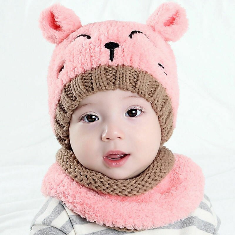 Trend baby pige dreng toddler vinter nyeste varm strikket beanie cap ørebeskyttere kuglehue tørklæde kulør sød dejlig slid: Lyserød