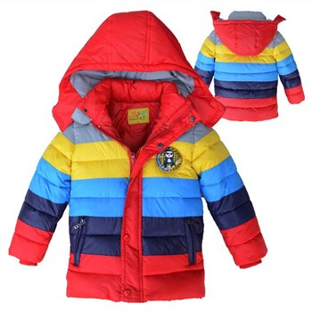 Winter Keep Warm Boys Jacket Long Style Color Stripe Thick Coat For Kids Children Hooded Outerwear Clothes: JK189-Red / 3T