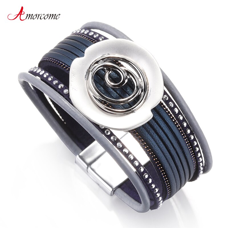 Amorcome Flower Charm Leather Bracelets for Women Rivet Bohemian Multilayer Blue Wide Wrap Bracelet Female Jewelry