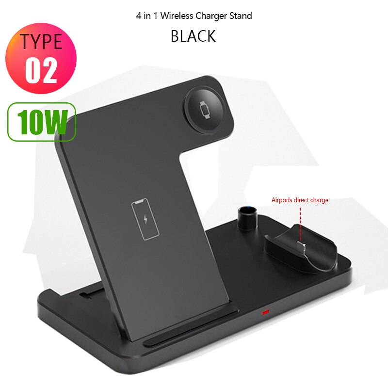 4in1 15W Wireless Charger Fold Stand for Apple Watch 5 4 3 2 iPhone 11 Airpods Pro Pencil Multifunction Wireless Charging Holder: Type2 10W Black