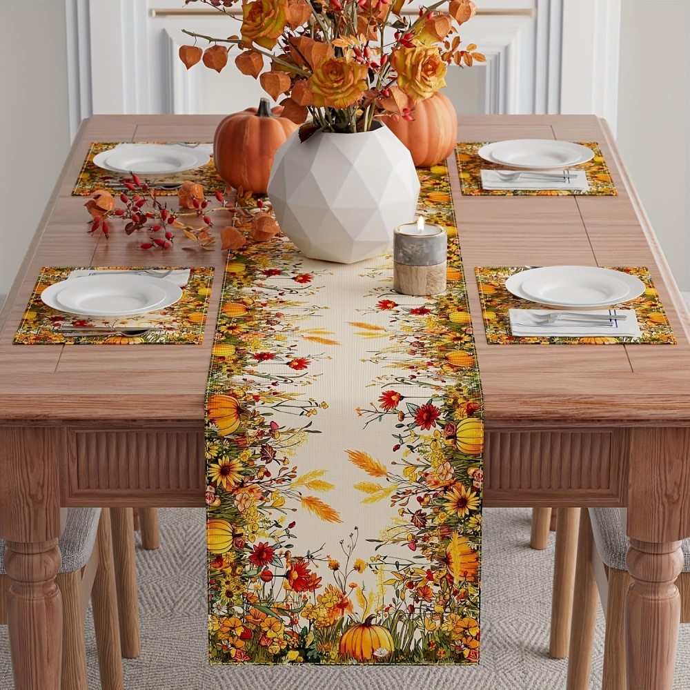 Camino de mesa de calabaza con flores silvestres de Color otoño, decoración de mesa para cocina, comedor, cena, decoración del hogar de otoño, 1 ud.