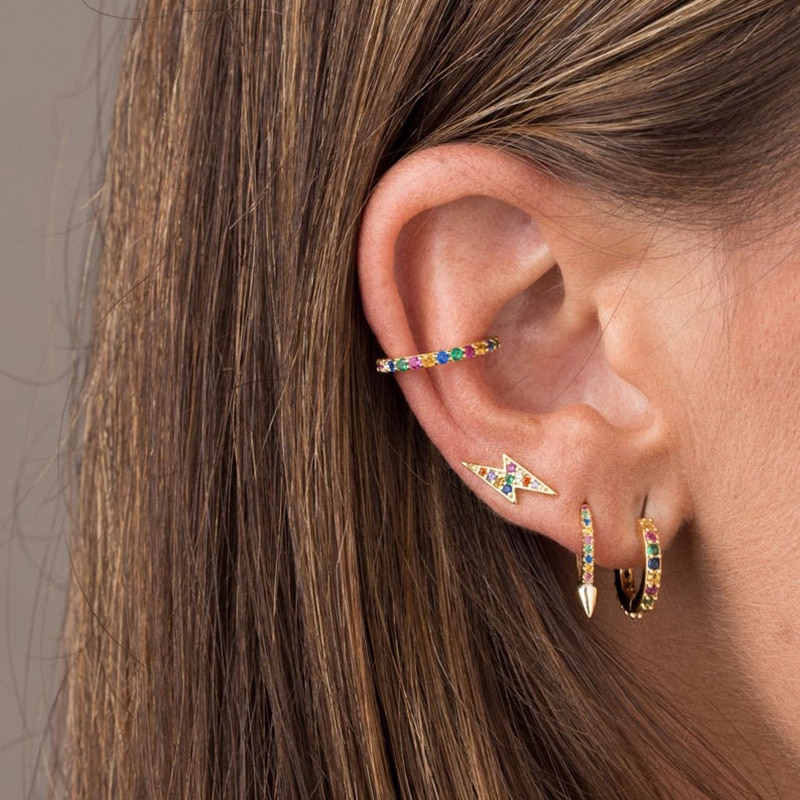 Peri'sBox 5 Designs coloré foudre petit cerceau boucles d'oreilles CZ pierre longue barre géométrique boucles d'oreilles pour les femmes cercle délicat boucles d'oreilles