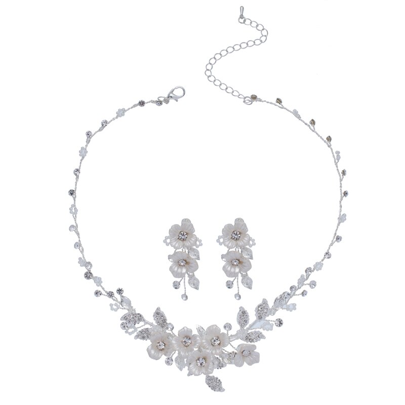 Delicate Bridal Sieraden Sets Porselein Bloem Vrouwen Ketting Oorbellen Set Wedding Party Tiara Accessoires: necklace earrings