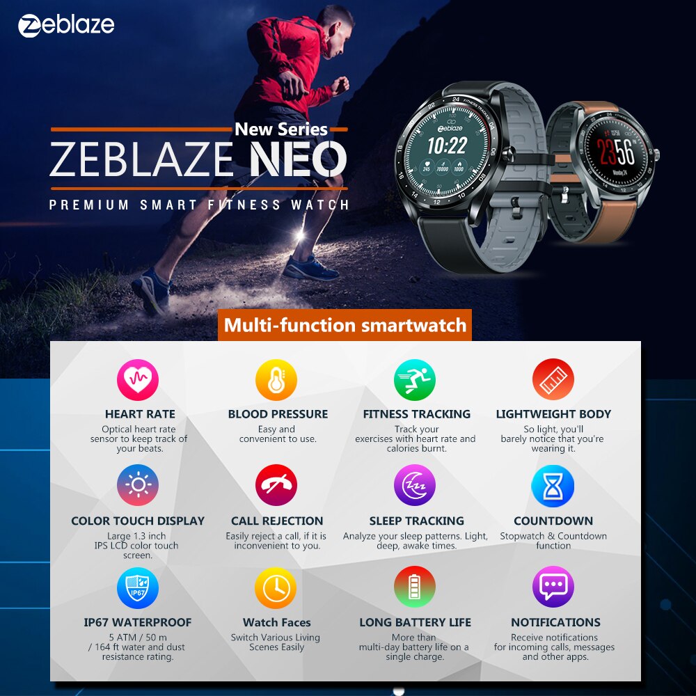 Neue Zeblaze NEO Serie Farbe Touch Display Smartwatch IP67 Wasserdicht Herz Rate Blutdruck Fitness Tracker Für IOS Android