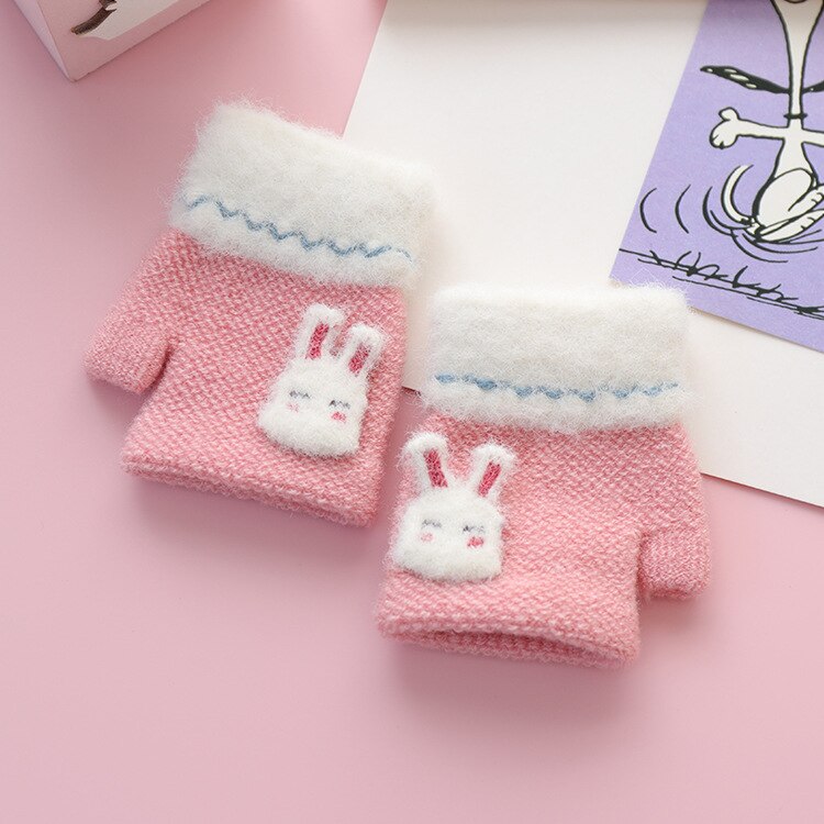 For 1~3Y baby infant Winter half finger knitted gloves rabbit knit warm half fingerless gloves for little baby child: pink