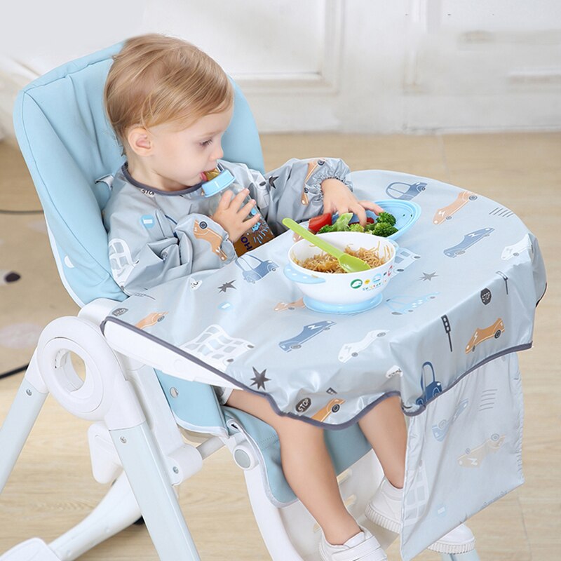 Anti-snavset baby langærmet hagesmæk all-in-on baby hagesmæk overall med bordklud spisebord hynde stol baby kjole fodring: C