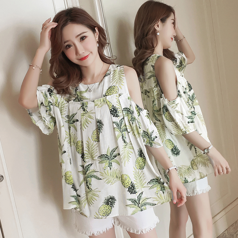 Off-the-shoulder bomullslinne kortärmade shorts gravida kvinnor blommiga skjortor plus size axellösa blusar söta