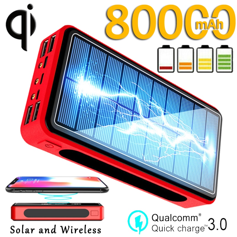 80000Mah Solar Power Bank Draadloos Opladen Grote Capaciteit Waterdichte Externe Batterij Outdoor Camping Licht Telefoon Oplader