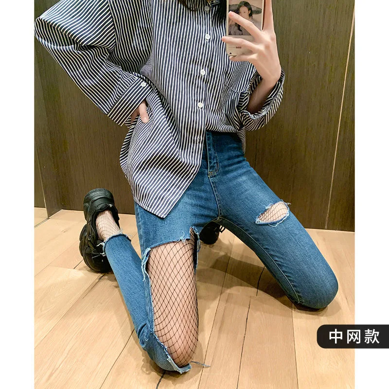 Medias sexis de ratán para mujer, medias de flores antienganches para y Club, Medias de red de pescado, pantimedias de encaje de malla de rejilla: Negro
